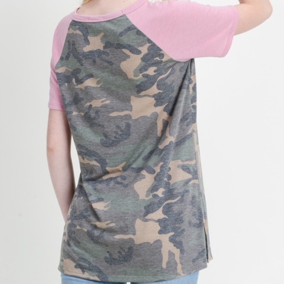 Camouflage Blush Rose Pink Sleeve Accent Top - Picture 5 of 5